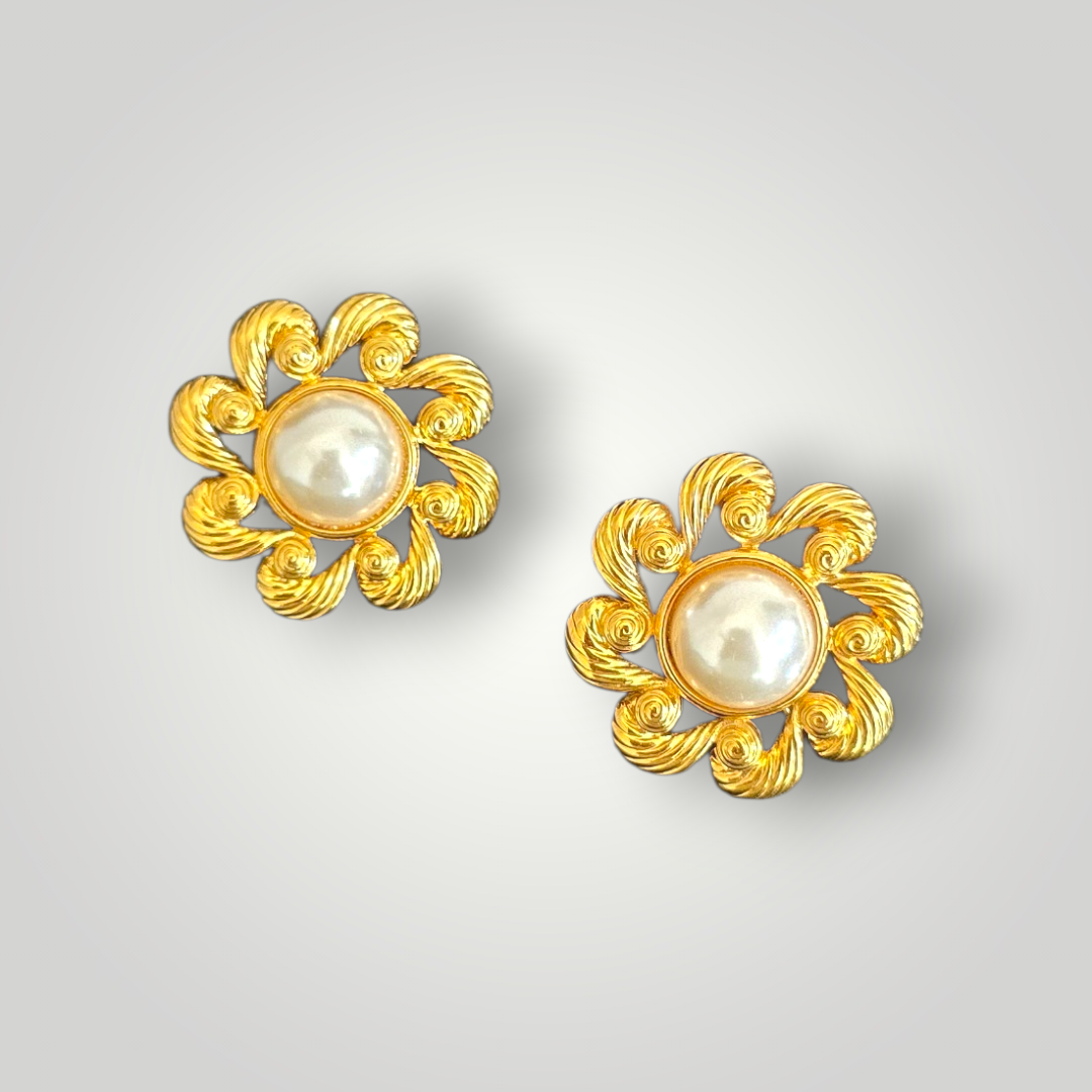 Vintage Signed Napier Gold-Tone Pearl Floral Clip-On Earrings