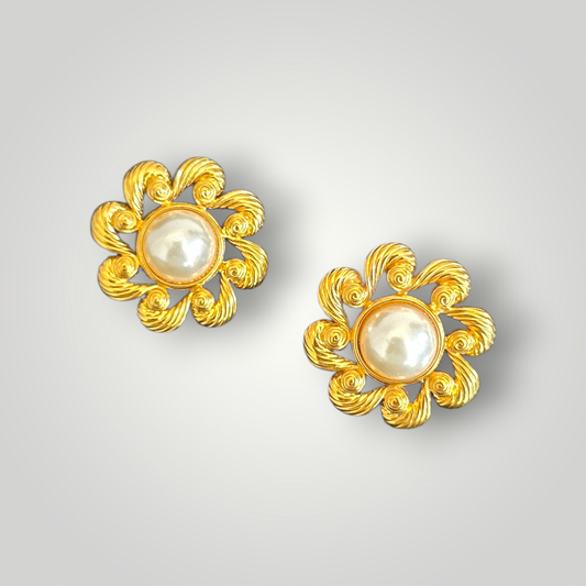 Vintage Signed Napier Gold-Tone Pearl Floral Clip-On Earrings