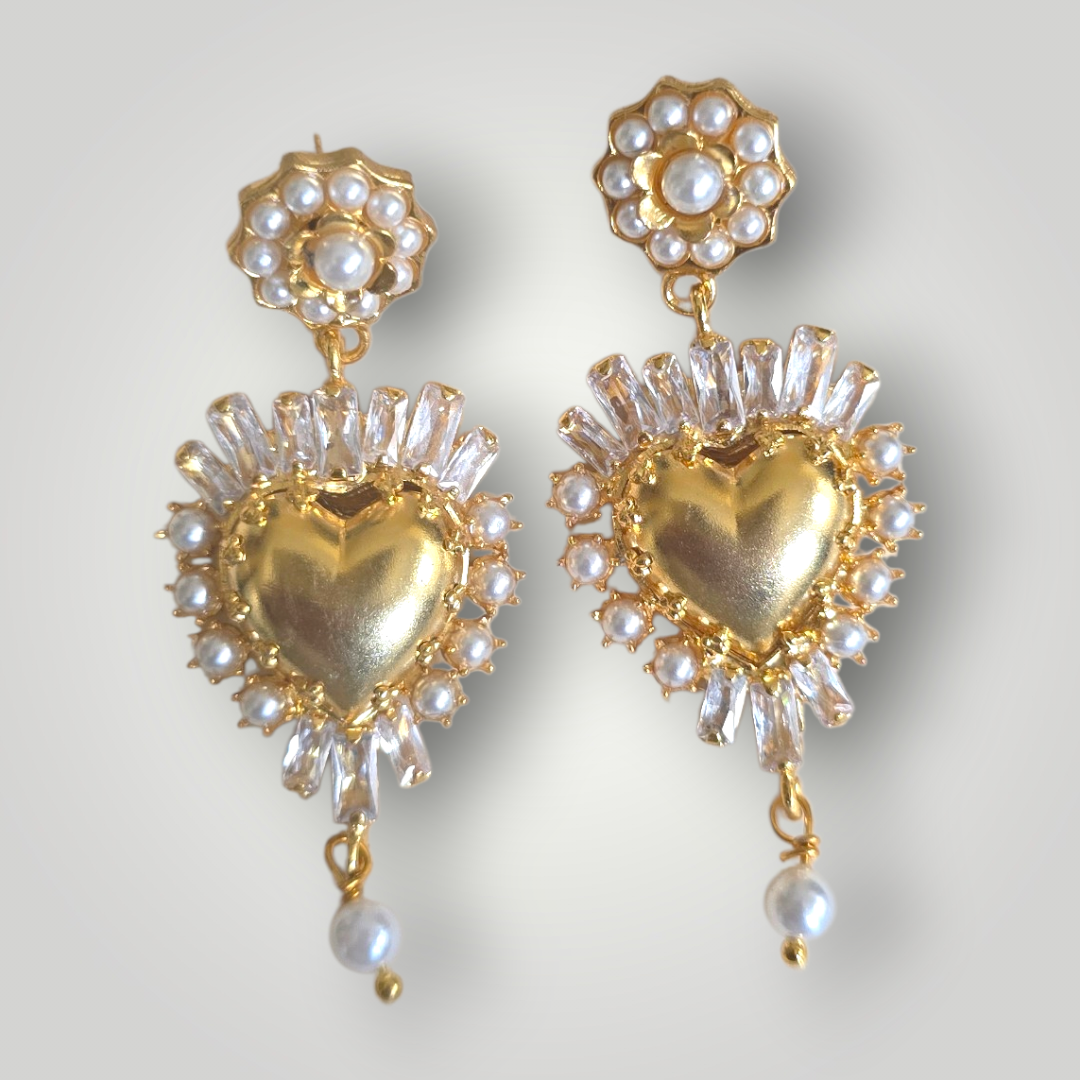 Sacred Pearl Heart Earrings – Crystal & Gold