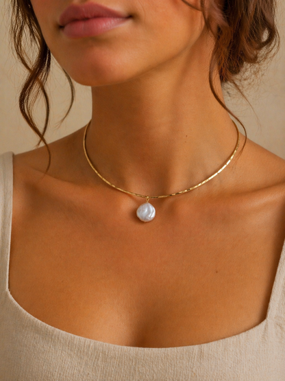 Gold Stainless Steel Mother of Pearl Necklace