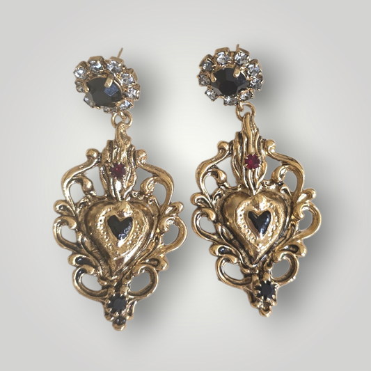 Sacred Heart Earrings – Red Swarovski & Black Crystal