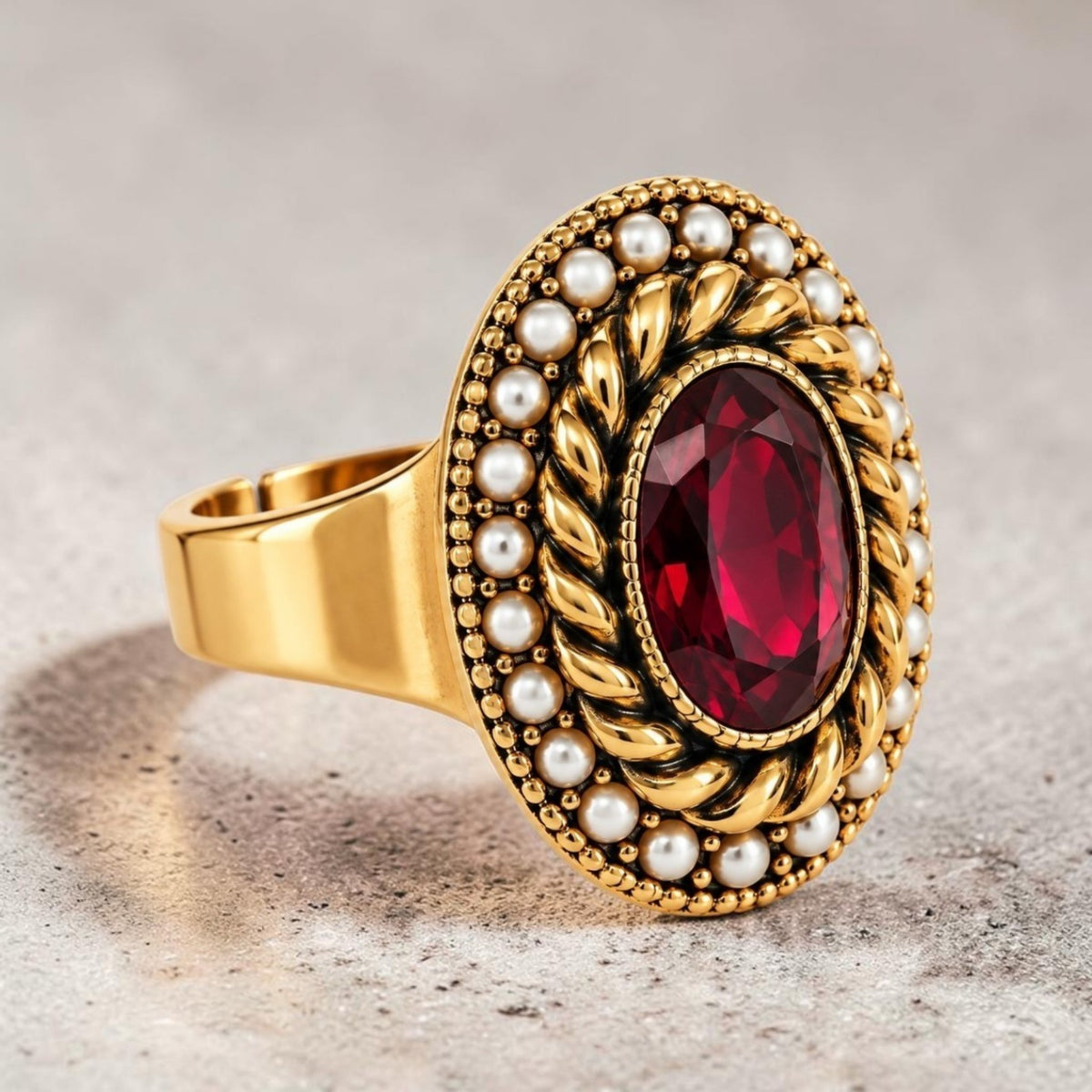 Garnet Red Ornate Cocktail Ring