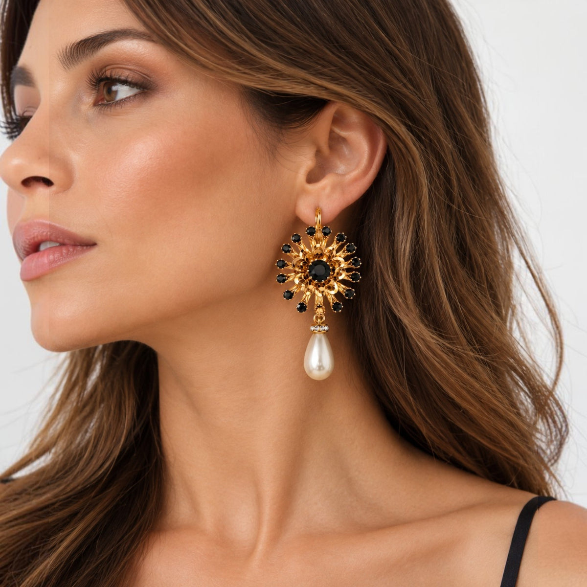 Black Crystal Sunburst & Pearl Drop Earrings