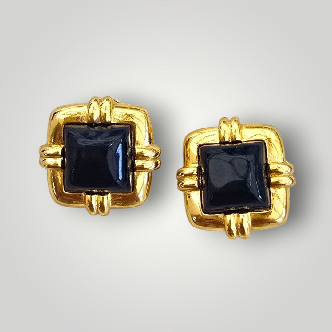 Vintage VO Gold Tone Black Cabochon Clip-On Earrings | Signed USA Designer Vintage