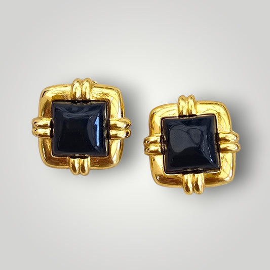 Vintage VO Gold Tone Black Cabochon Clip-On Earrings | Signed USA Designer Vintage