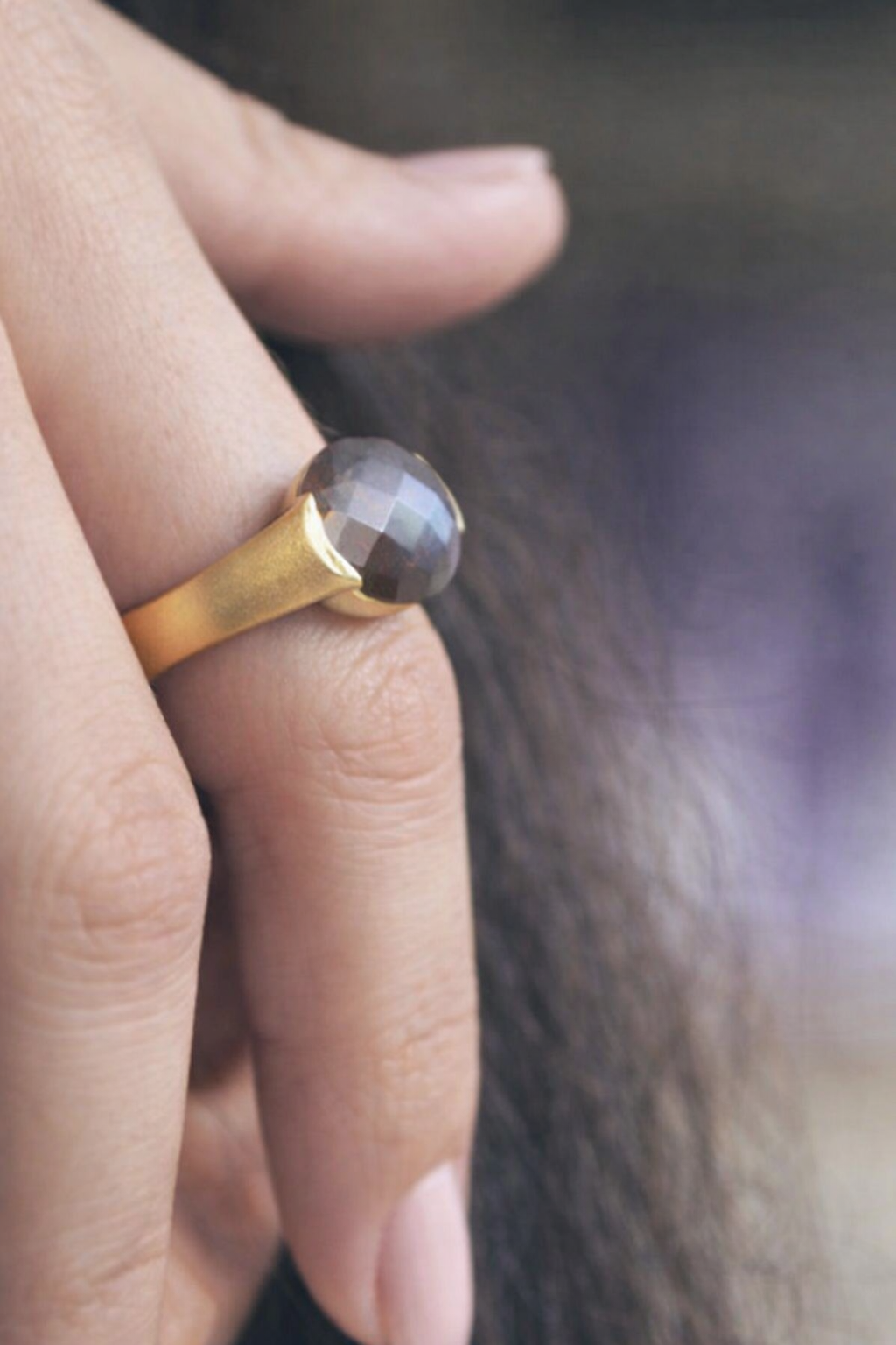 Bruna Smoky Topaz Cushion Ring - 18K Gold Inlay Statement Band