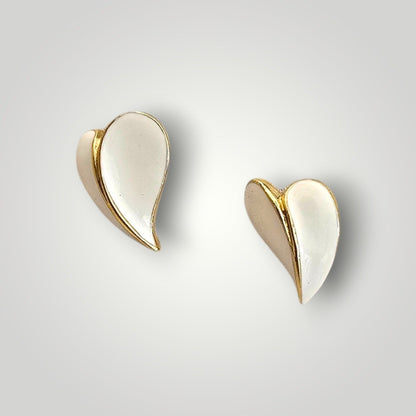 Vintage White Enamel Leaf Stud Earrings | Gold Tone Sculptural Earrings