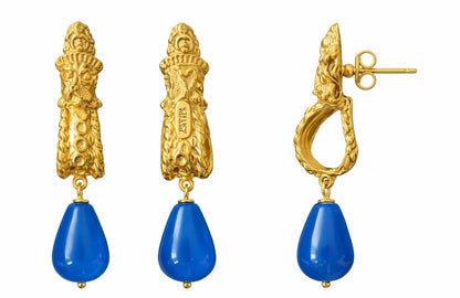 Blue AgateTeardrop Statement Earrings - 24ct Gold Plated