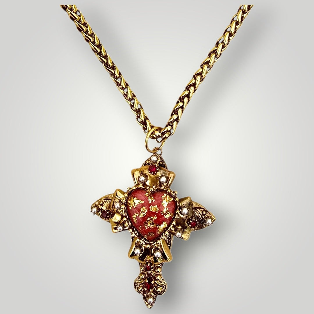Sacred Heart Cross Necklace – Red Enamel & Gold Leaf