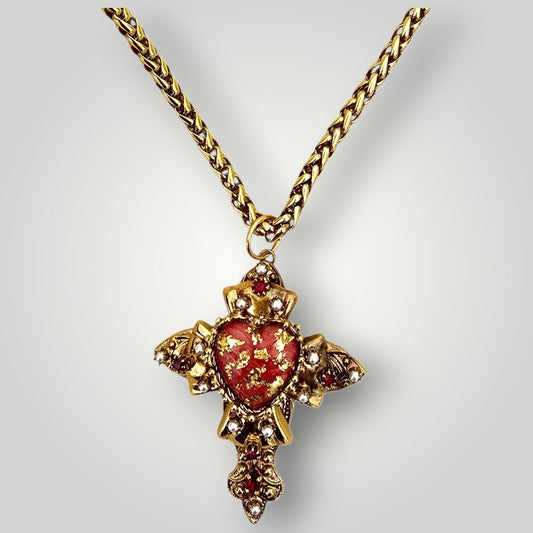 Sacred Heart Cross Necklace – Red Enamel & Gold Leaf