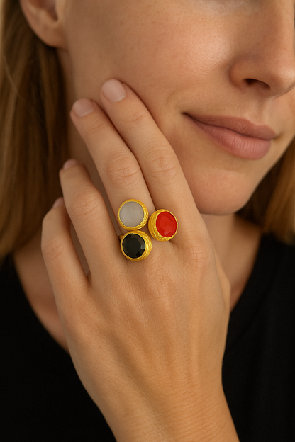 Trinity Gemstone Ring – Amethyst, Moonstone & Carnelian in 18ct Gold Plating