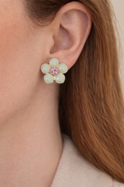 Vintage Mint Blossom Crystal Clip-On Earrings