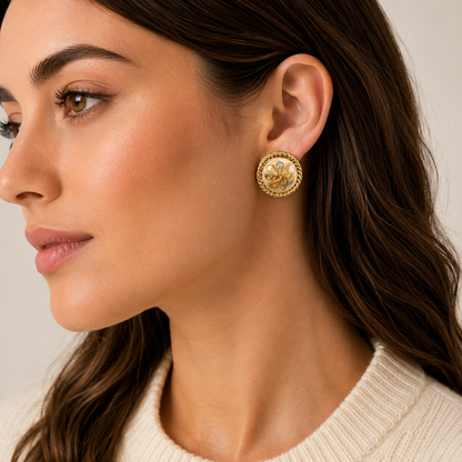 Vintage Marbled Enamel Clip-On Earrings | Gold Tone Round Statement Earrings