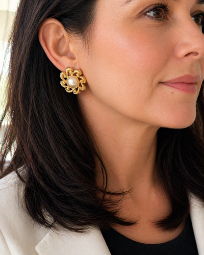 Vintage Signed Napier Gold-Tone Pearl Floral Clip-On Earrings