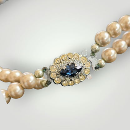 Vintage Pearl Double Strand Choker with Sapphire & Rhinestone Clasp