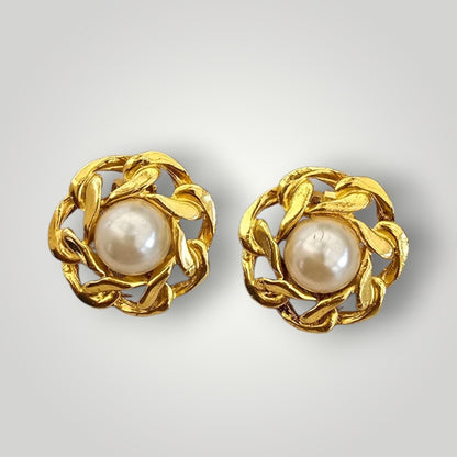 Vintage Gold Tone Pearl Clip-On Earrings | Statement Floral Earrings
