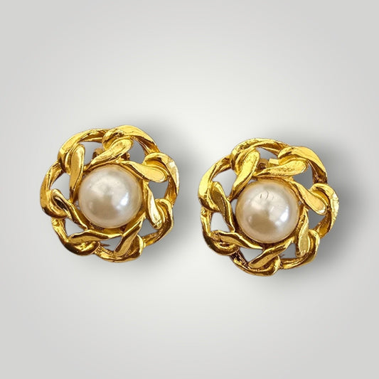 Vintage Gold Tone Pearl Clip-On Earrings | Statement Floral Earrings