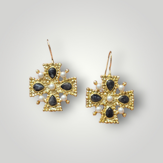 Isadora Black Stone & Pearl Cross Earrings - 18ct Gold Plated