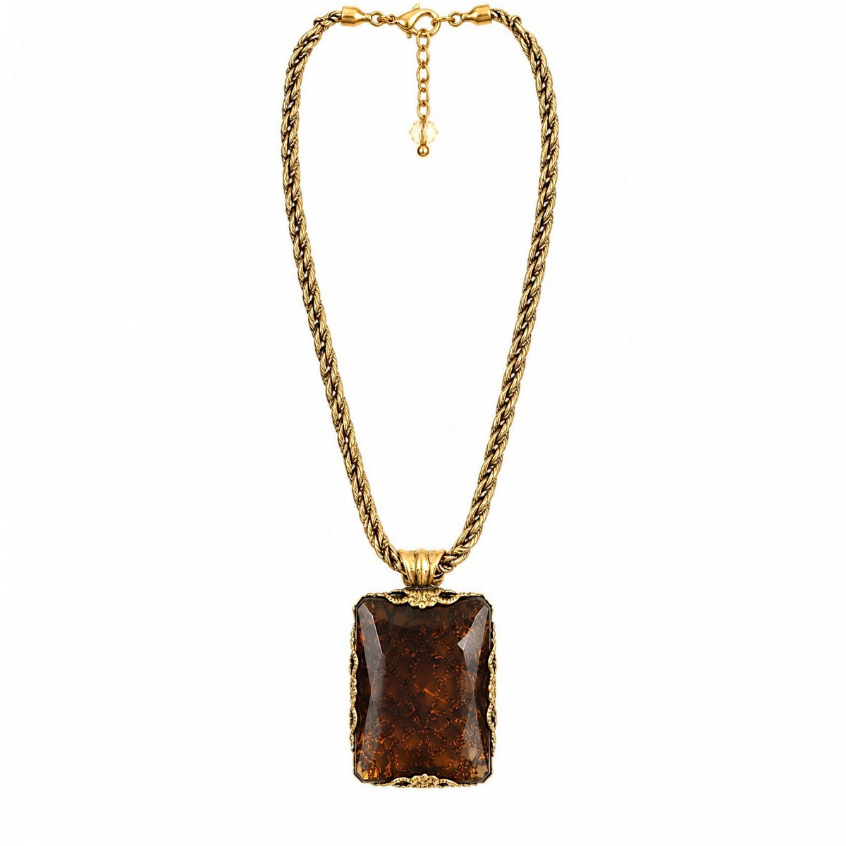 Smoky Cognac Crystal Filigree Pendant Necklace