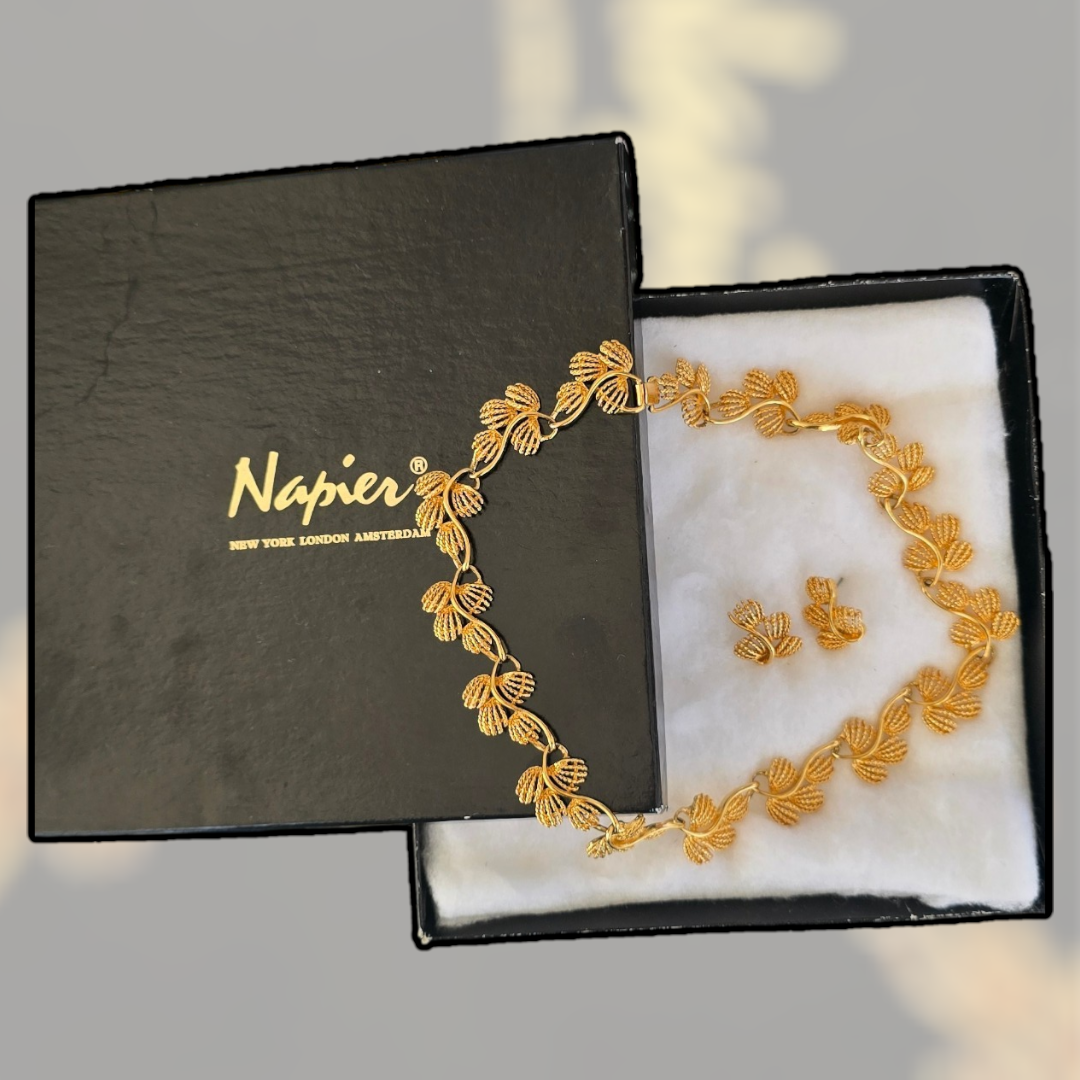 Vintage Napier Gold Leaf Necklace & Earrings Set – 1970s