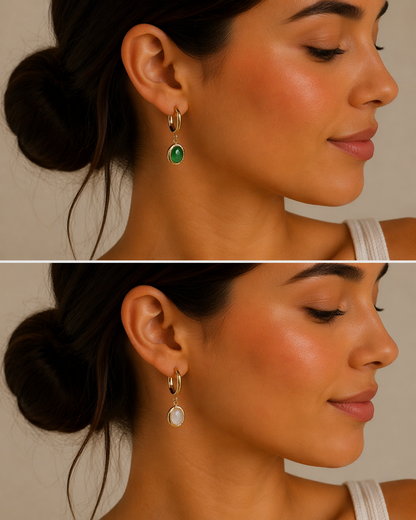 Oval Drop Hoop Earrings – Green / White Stones