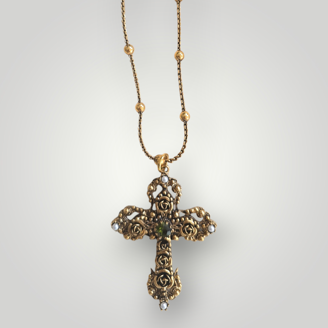 Sacred Art Rosette Cross Necklace - Dark green Swarovski