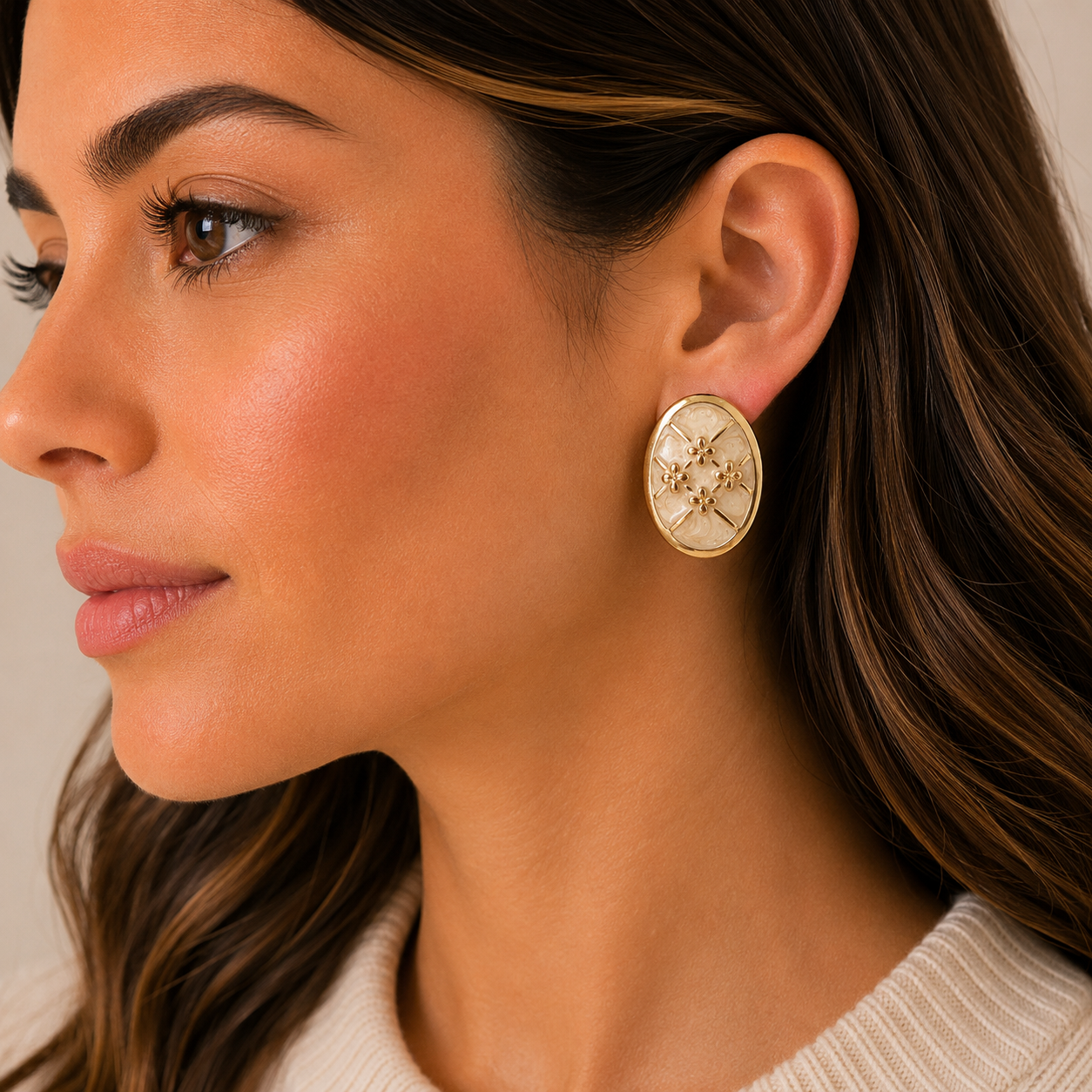 Vintage Gold Tone Floral Oval Clip-On Earrings