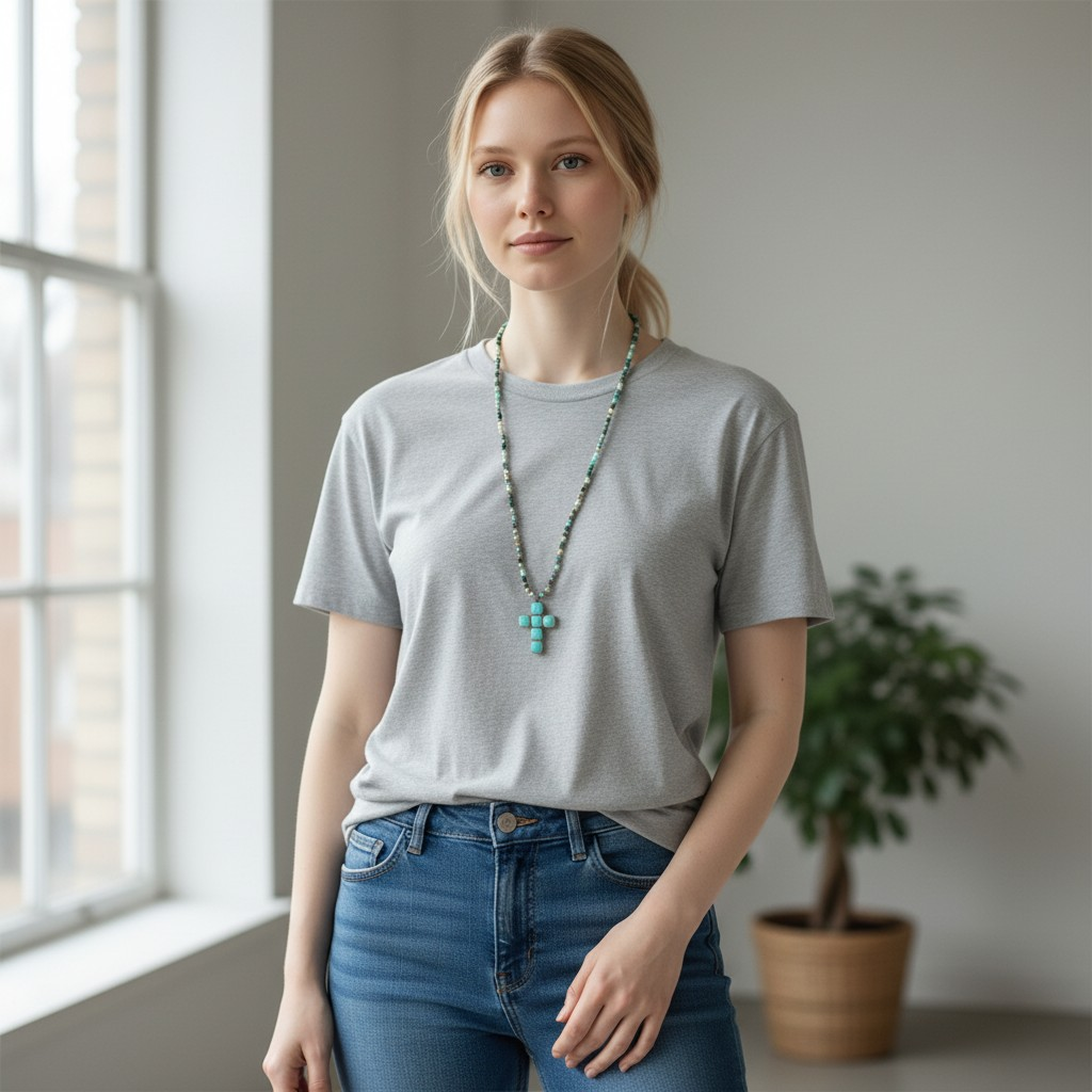 Vintage Turquoise-Style Cross Beaded Necklace