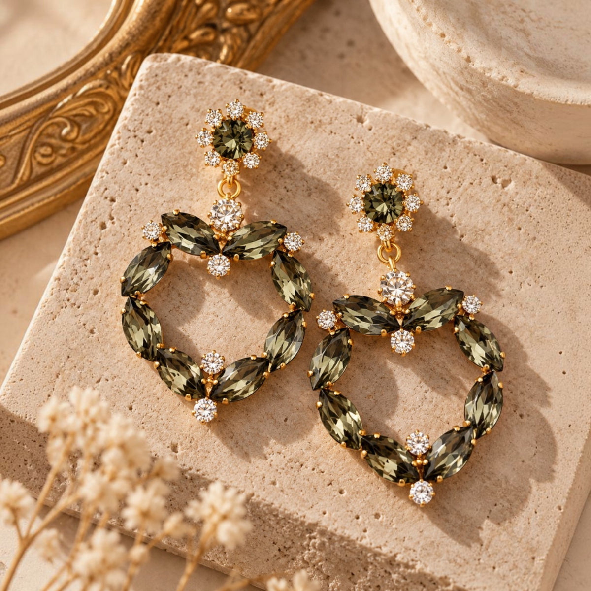 Smoky Olive Crystal Statement Earrings