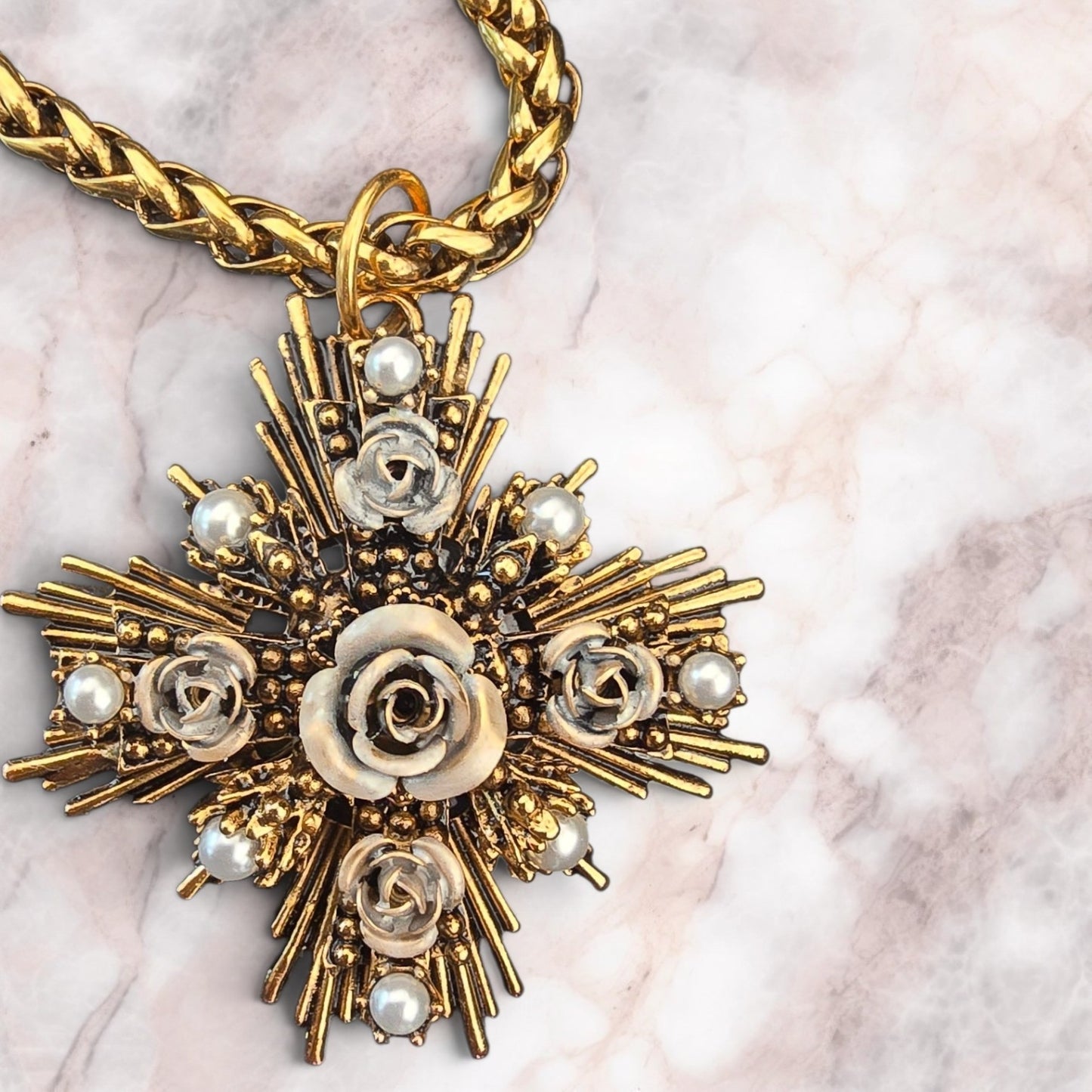Sacred Rose Pearl Cross Necklace