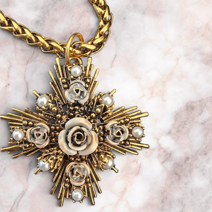 Sacred Rose Pearl Cross Necklace