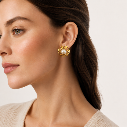 Vintage Gold Tone Pearl Clip-On Earrings | Statement Floral Earrings