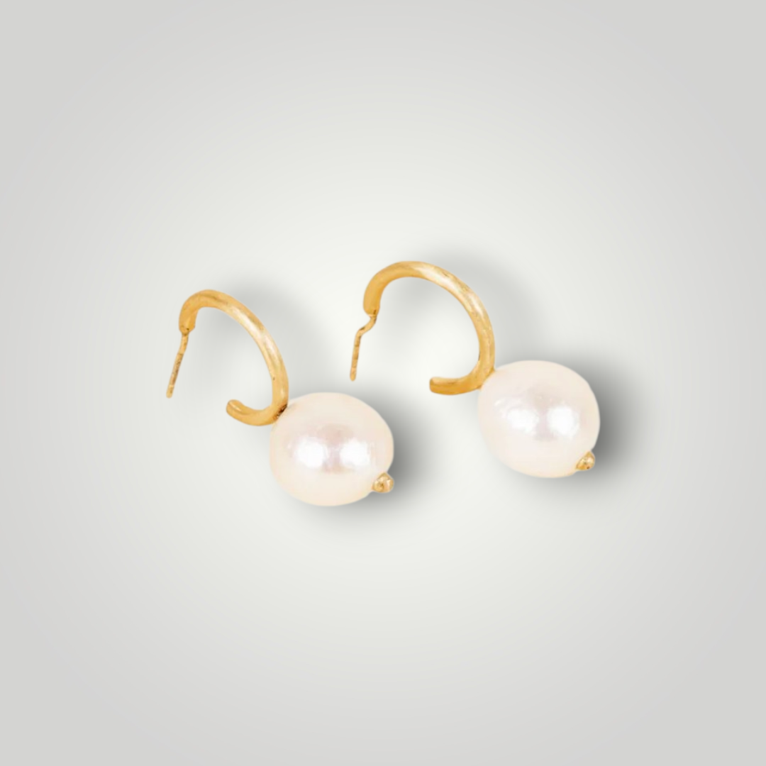 Perla Mini Freshwater Pearl Drop Hoops - 18K Gold Inlay Matte Earrings