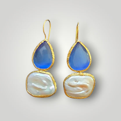 Blue Crystal & Freshwater Baroque Pearl Drop Earrings