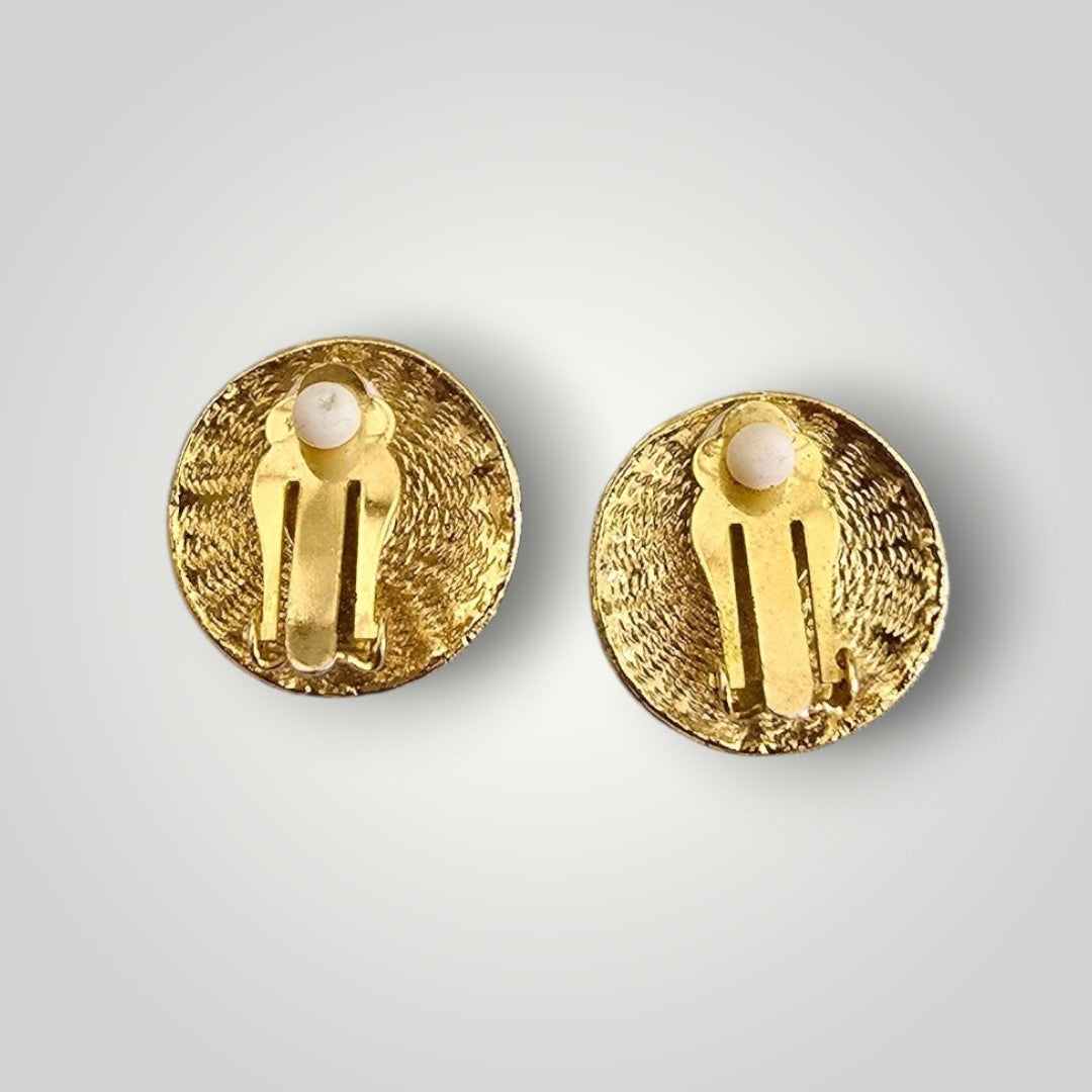 Vintage Marbled Enamel Clip-On Earrings | Gold Tone Round Statement Earrings