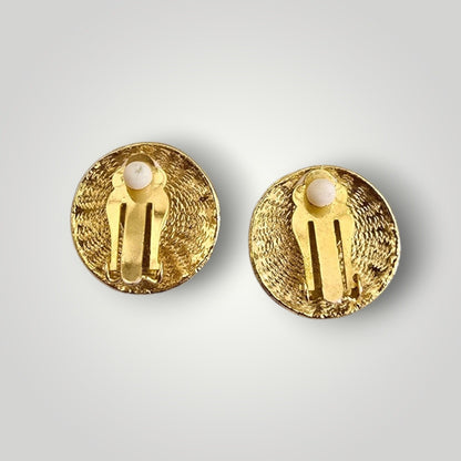 Vintage Marbled Enamel Clip-On Earrings | Gold Tone Round Statement Earrings
