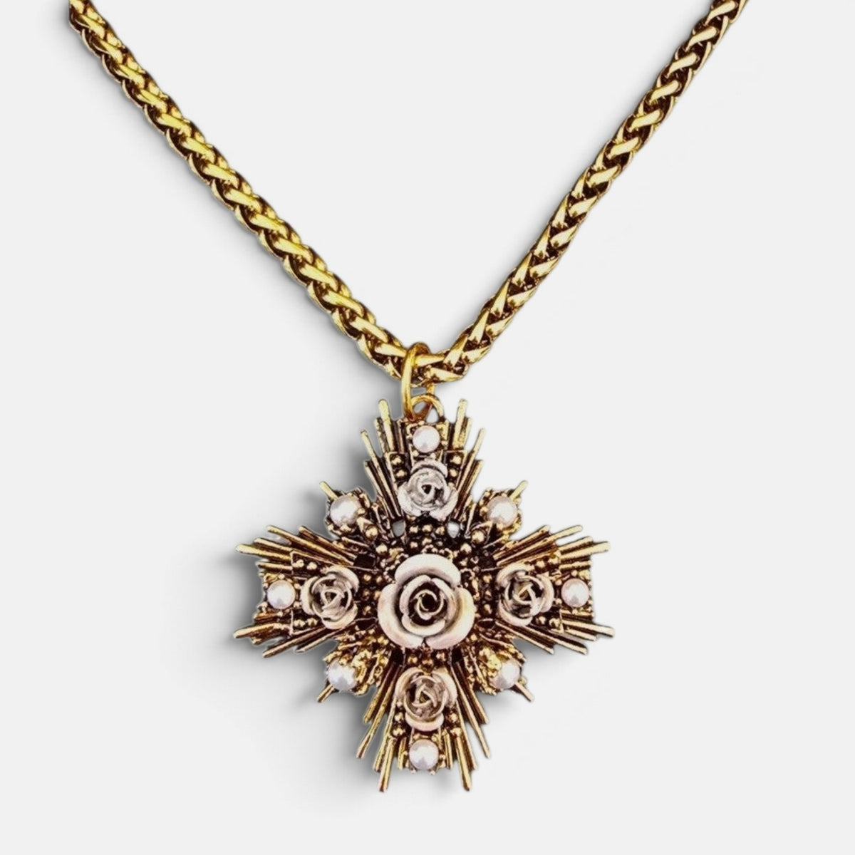 Sacred Rose Pearl Cross Necklace