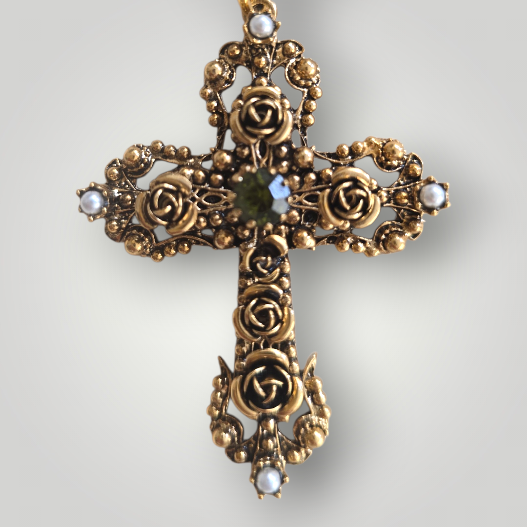 Sacred Art Rosette Cross Necklace - Dark green Swarovski