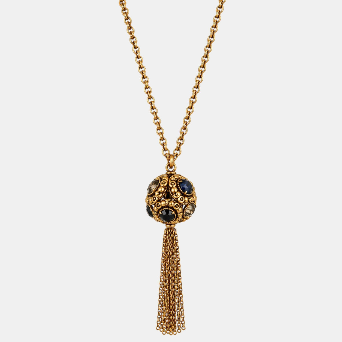 Antique Gold Midnight Crystal Sphere Tassel Necklace