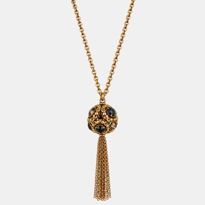 Antique Gold Midnight Crystal Sphere Tassel Necklace