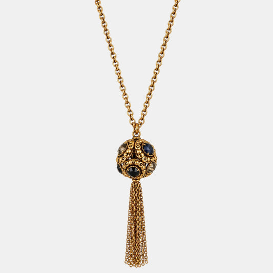 Antique Gold Midnight Crystal Sphere Tassel Necklace