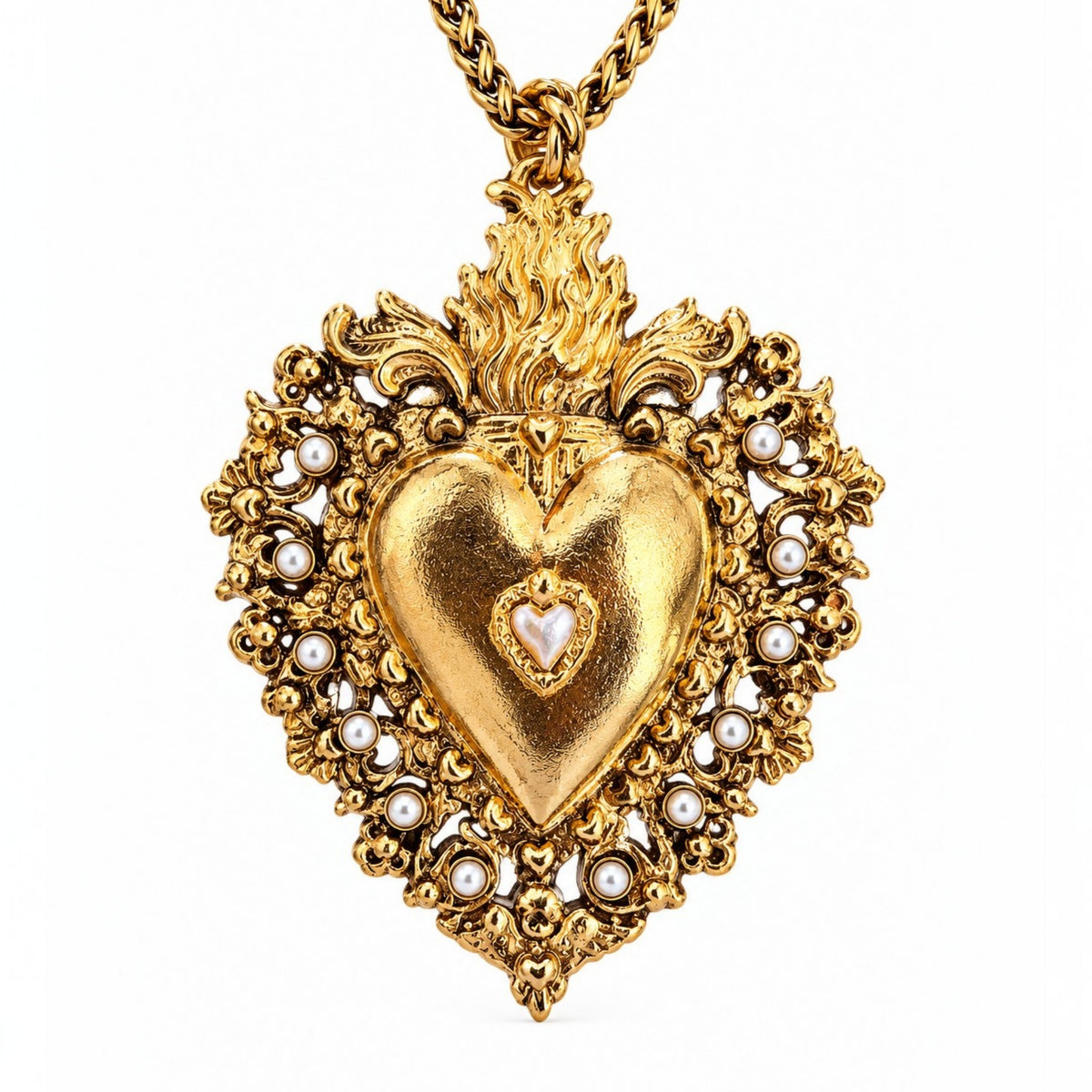 Large Pearl Sacred Heart Statement Necklace
