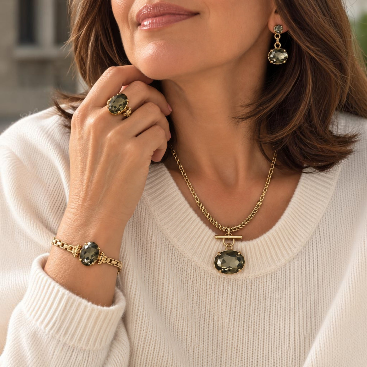 Olive Green Crystal Statement Ring