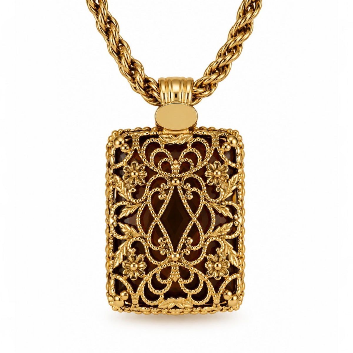 Smoky Cognac Crystal Filigree Pendant Necklace