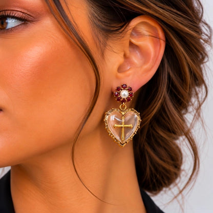 Crystal Cross Heart Earrings