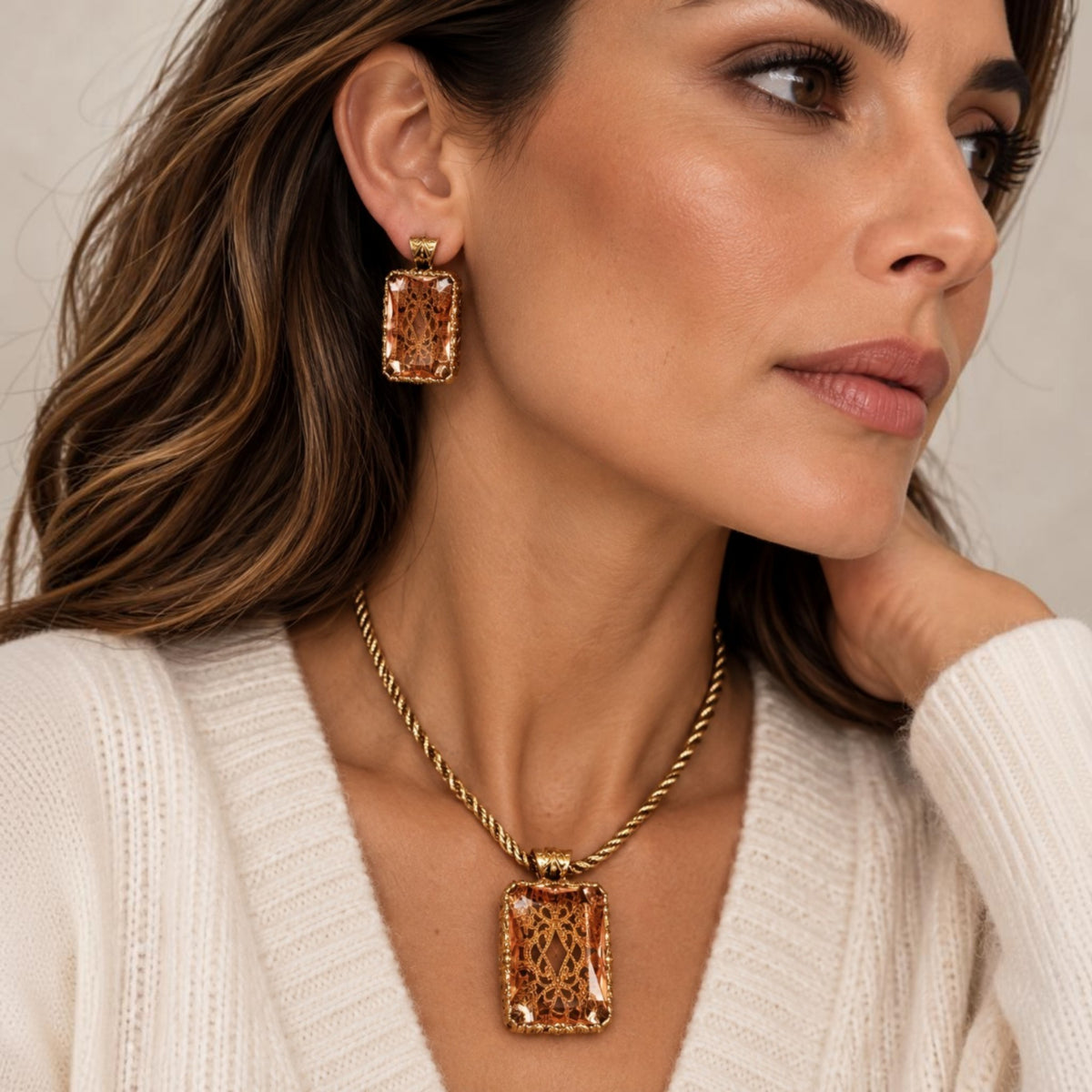 Rose Copper Crystal Filigree Statement Earrings