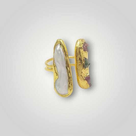 Sara Gemstone & Pearl Ring - 18ct Gold Plated Brass