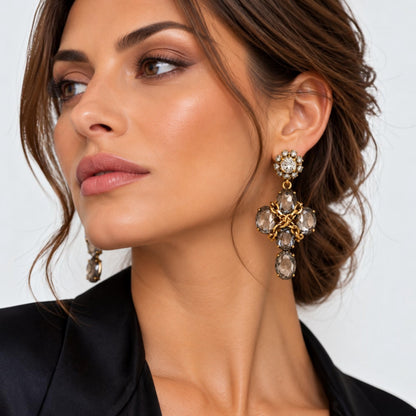 Smoky Crystal Chain Statement Earrings