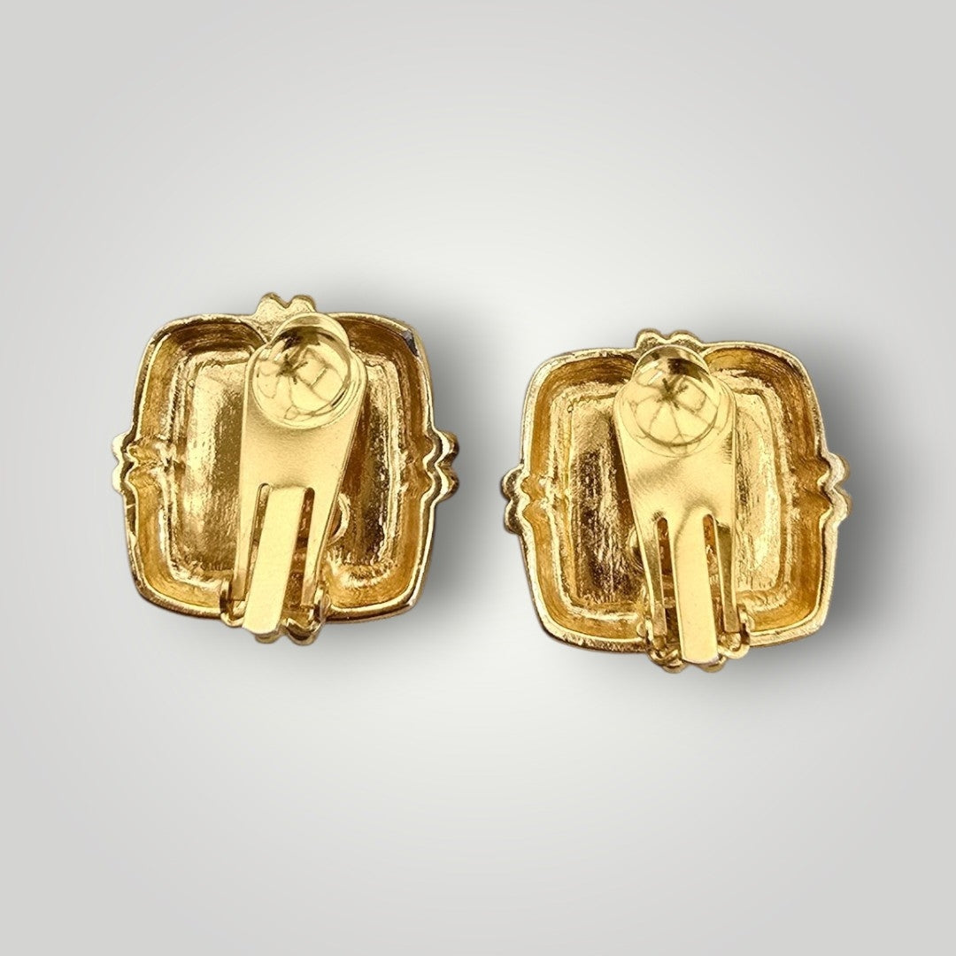 Vintage VO Gold Tone Black Cabochon Clip-On Earrings | Signed USA Designer Vintage