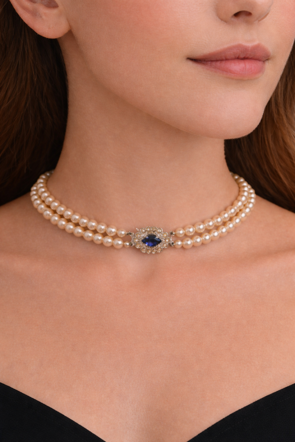 Vintage Pearl Double Strand Choker with Sapphire & Rhinestone Clasp